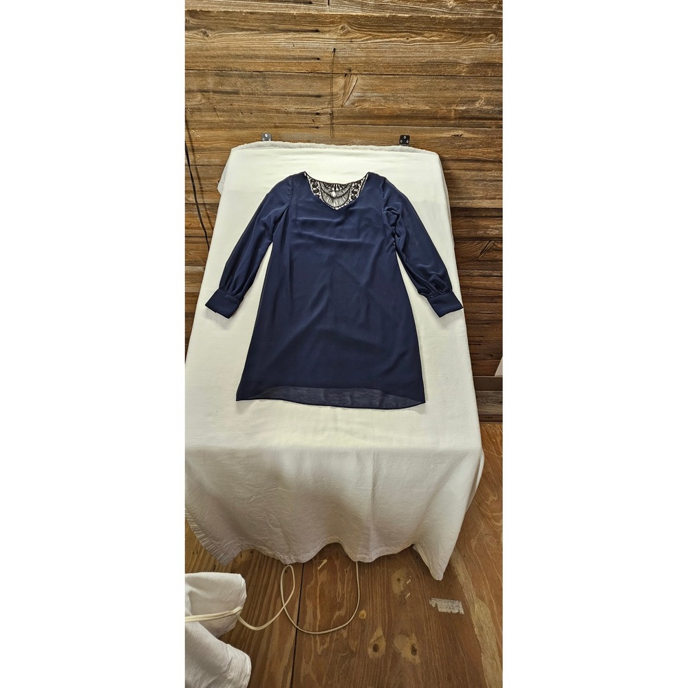A. Byer Womens Navy Blue Long Sleeve Shift Dress Black Crochet Lace Back Size S